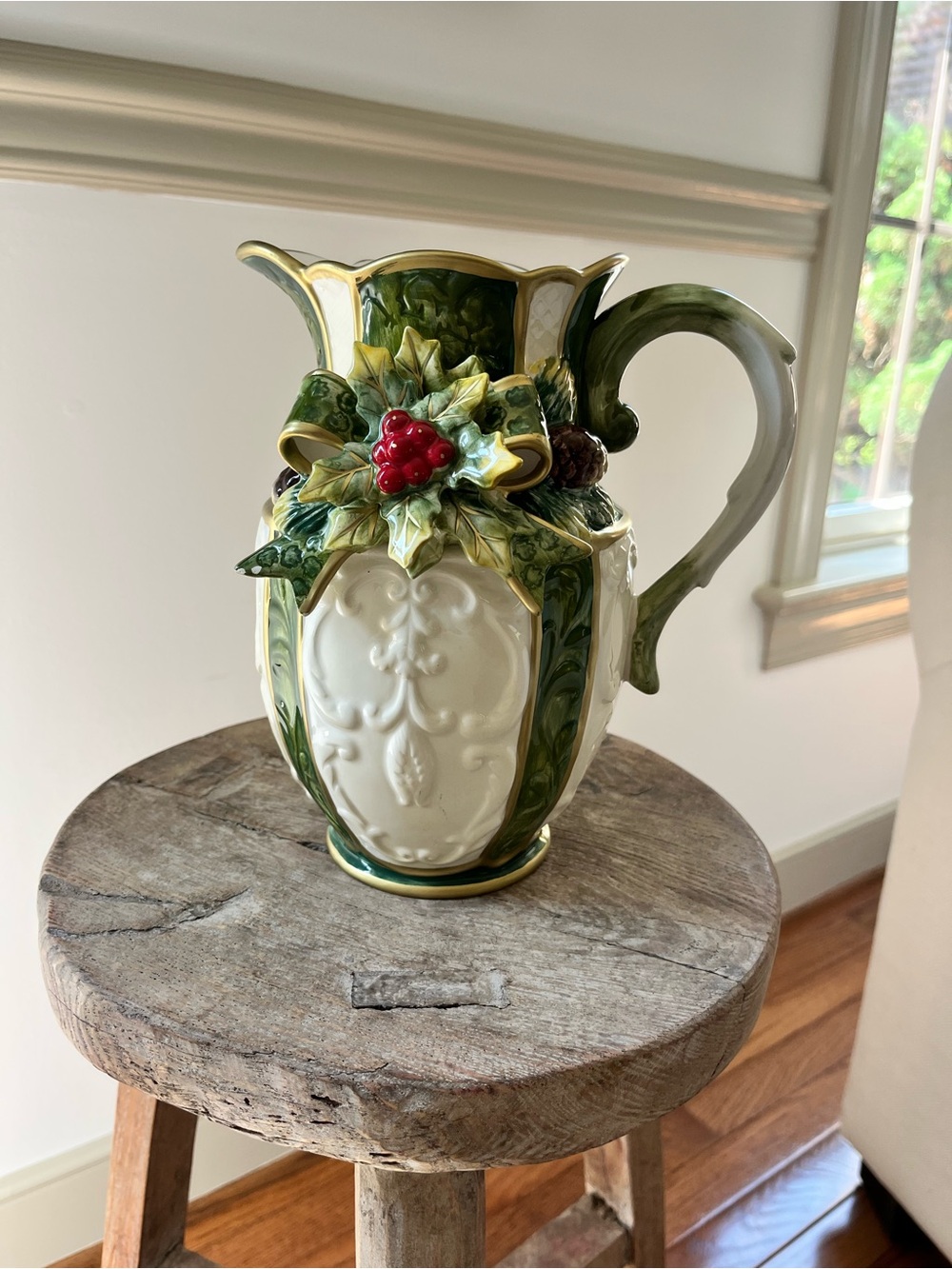 Cosmos Gifts Christmas Pitcher Holly Berry Pinecone Bow Gold Trim Ceramic